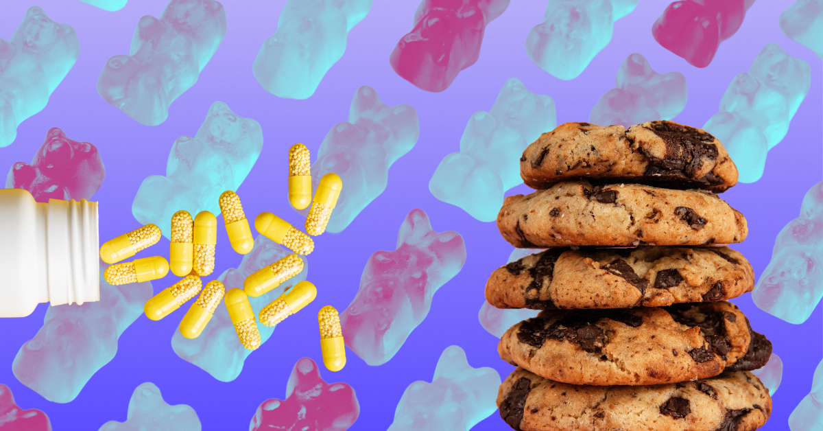 CBD gummy bears, yellow capsules, and cookies against a blue background with gummy bear shapes