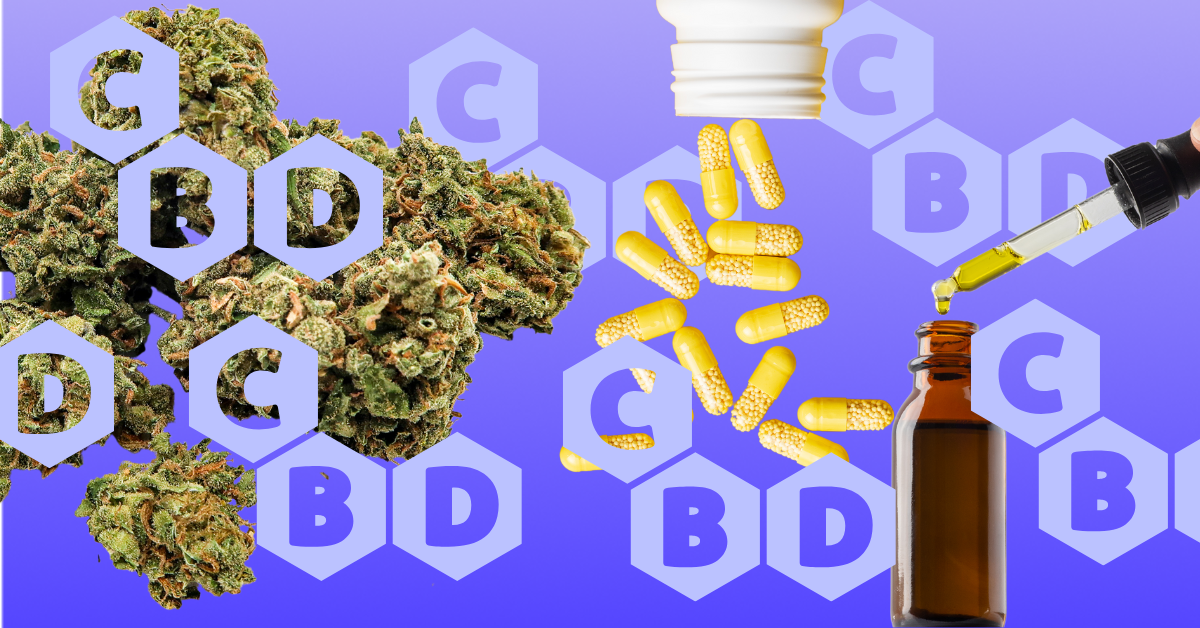 Collage of various CBD products including buds, capsules, and oil