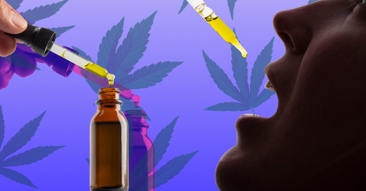 Person using a dropper to apply CBD oil tincture with a cannabis leaf background
