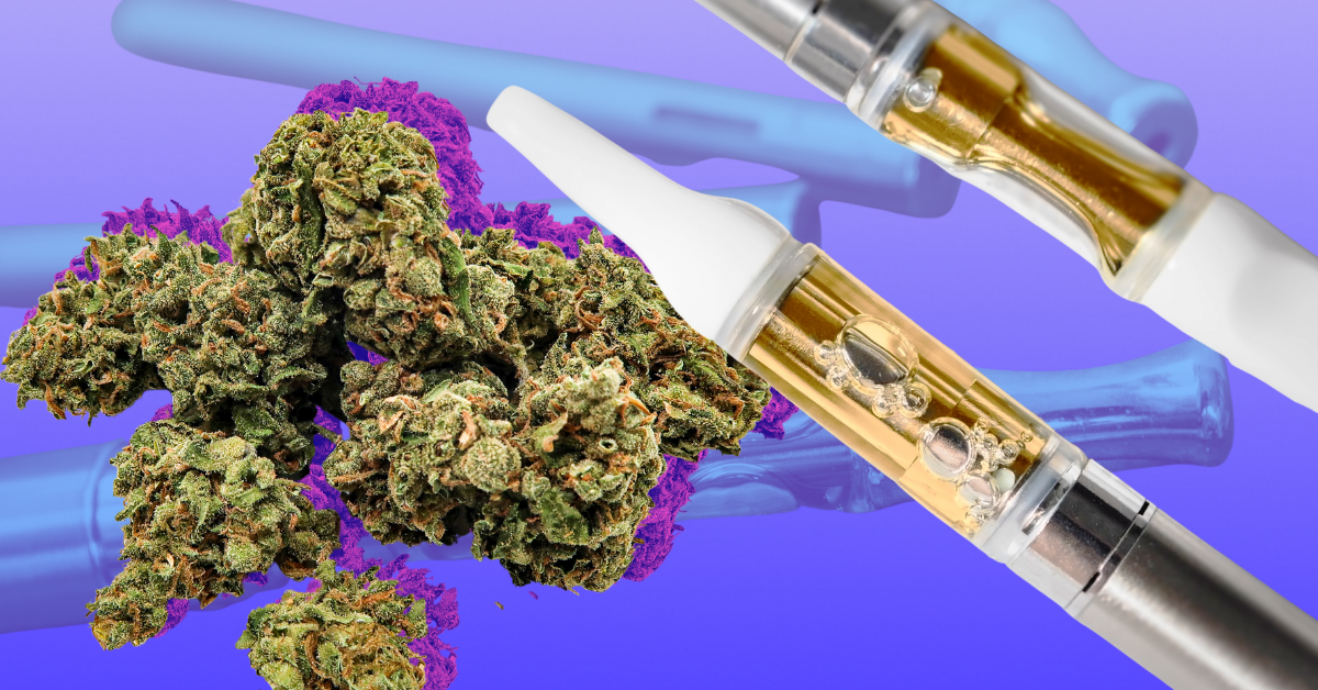 CBD buds and a vape pen with CBD oil against a blue background with molecular structures